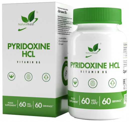 Natural Supp Pyridoxine HCL Vitamin B6, 60 капсул